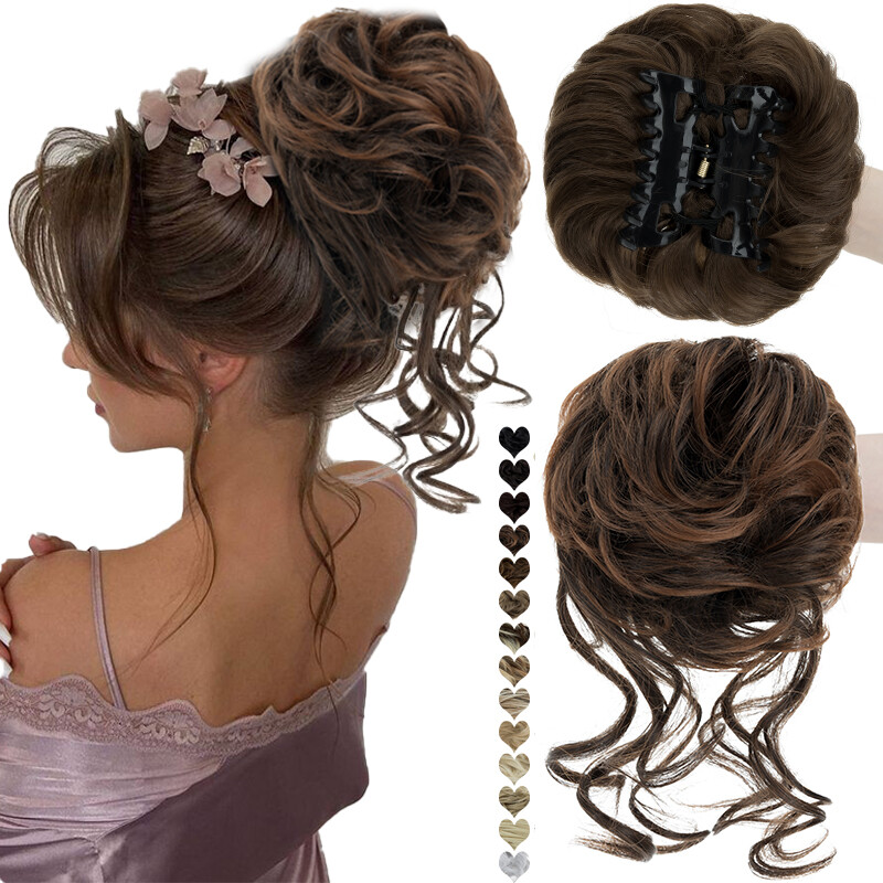 100% Natural Curly Messy Bun Hair Piece Scrunchie Updo Claw Clip in Extensions
