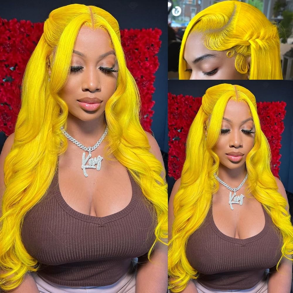 Xiapay 26 Inch Yellow Lace Front Wig Human Hair 13X4 Body Wave Lace Front Wigs