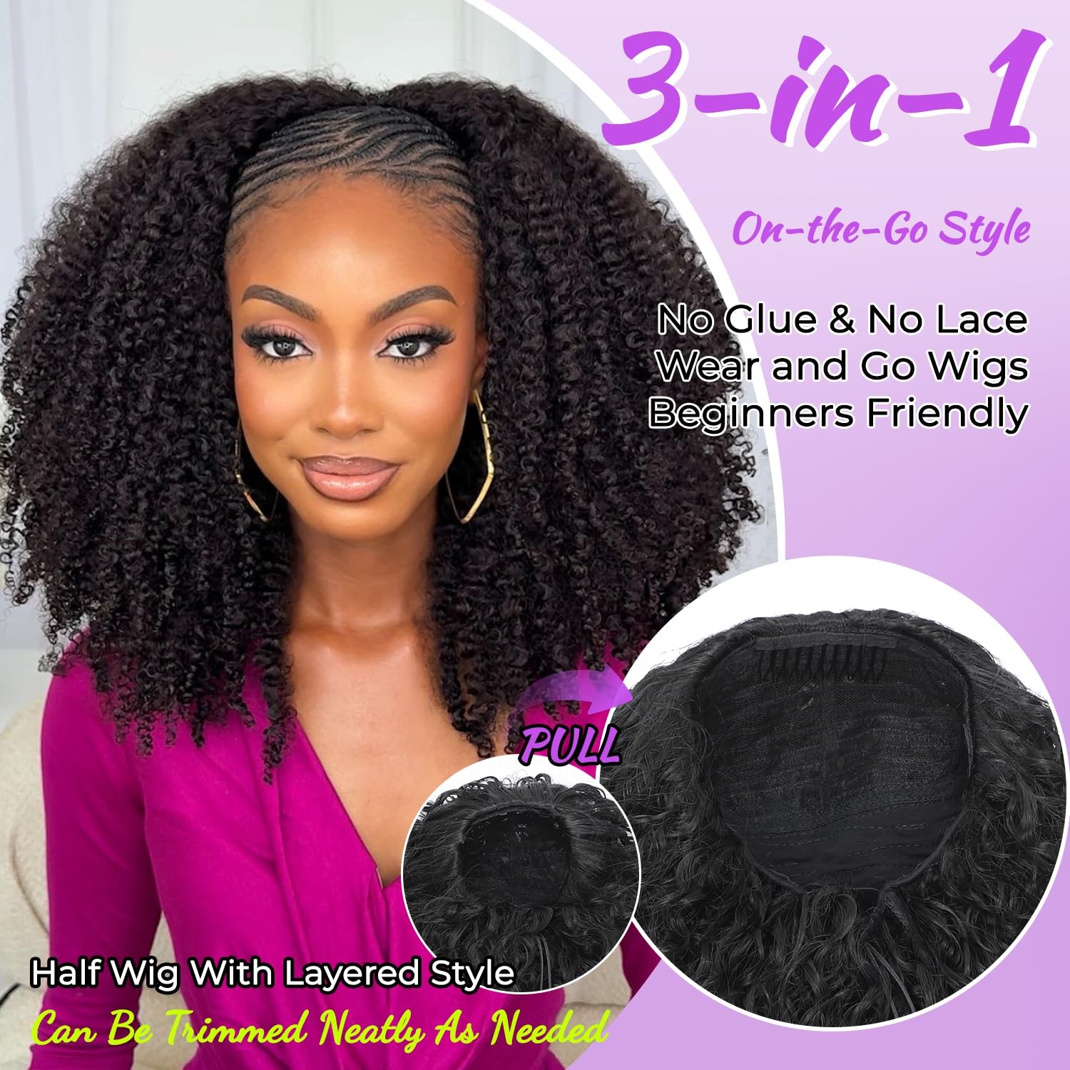 20 Inch Kinky Curly Half Wig, 3-in-1 Upgrade Synthetic Half Wig with Drawstri…