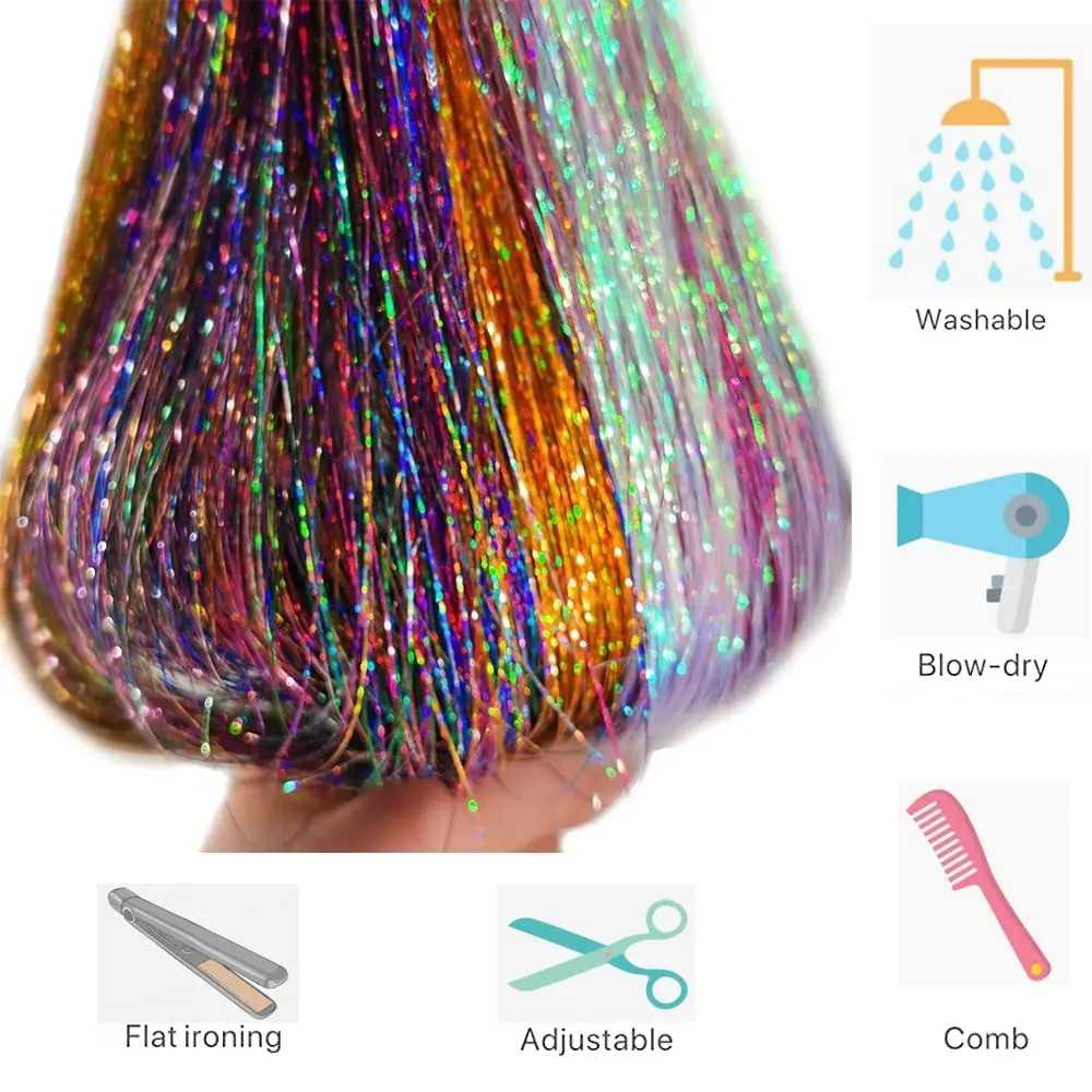 Sparkle Hair Tinsel Holographic Glitter Extensions Highlights False Hairstyling