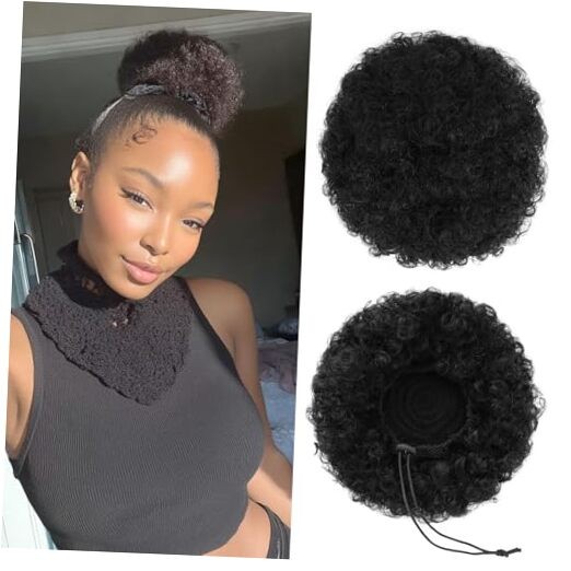 100% Human Hair Afro Puff Drawstring Ponytail for African M-1PCS Natural Black