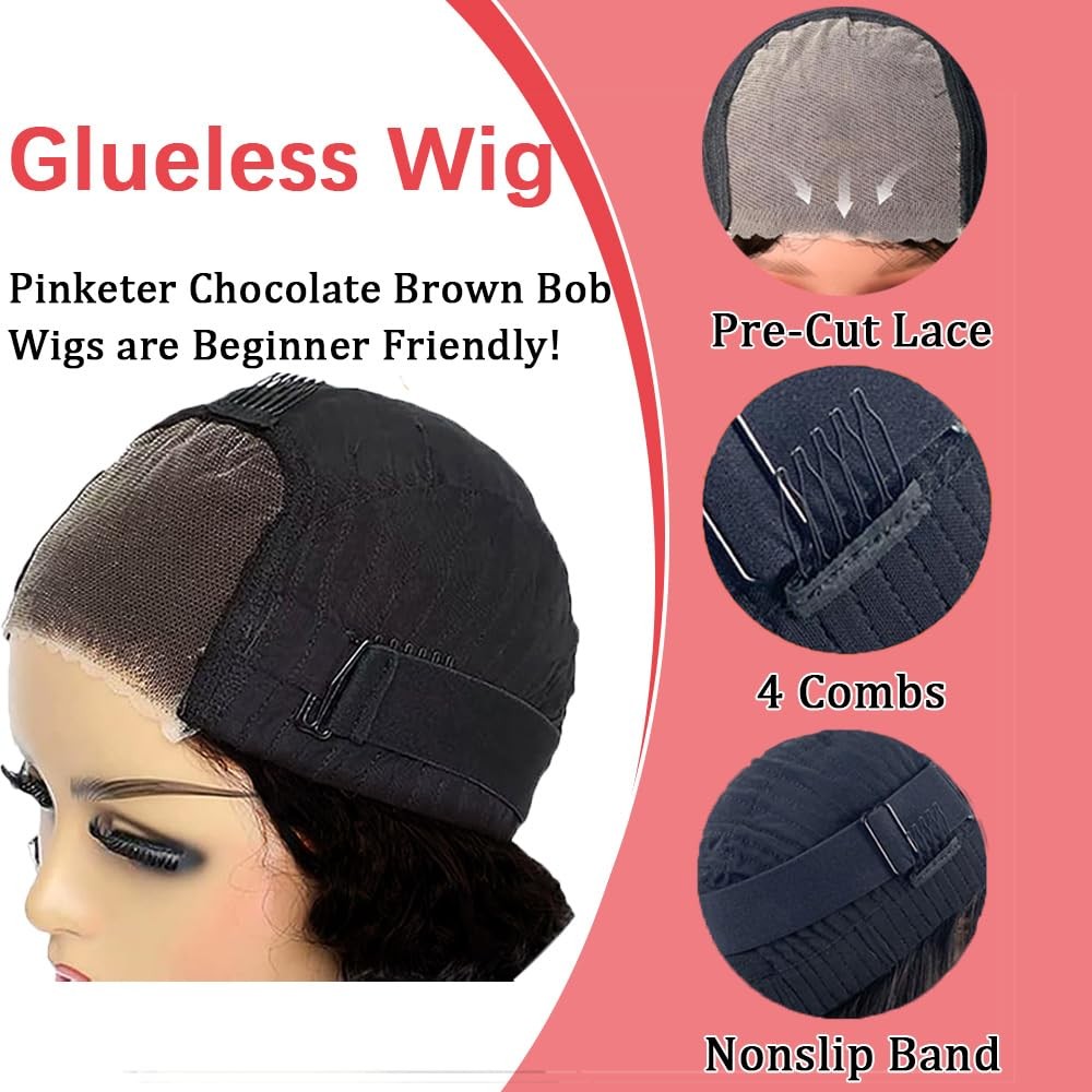 Pinketer Chocolate Brown Glueless Bob Wig Human Hair Wear And Go Deep Wave Wig