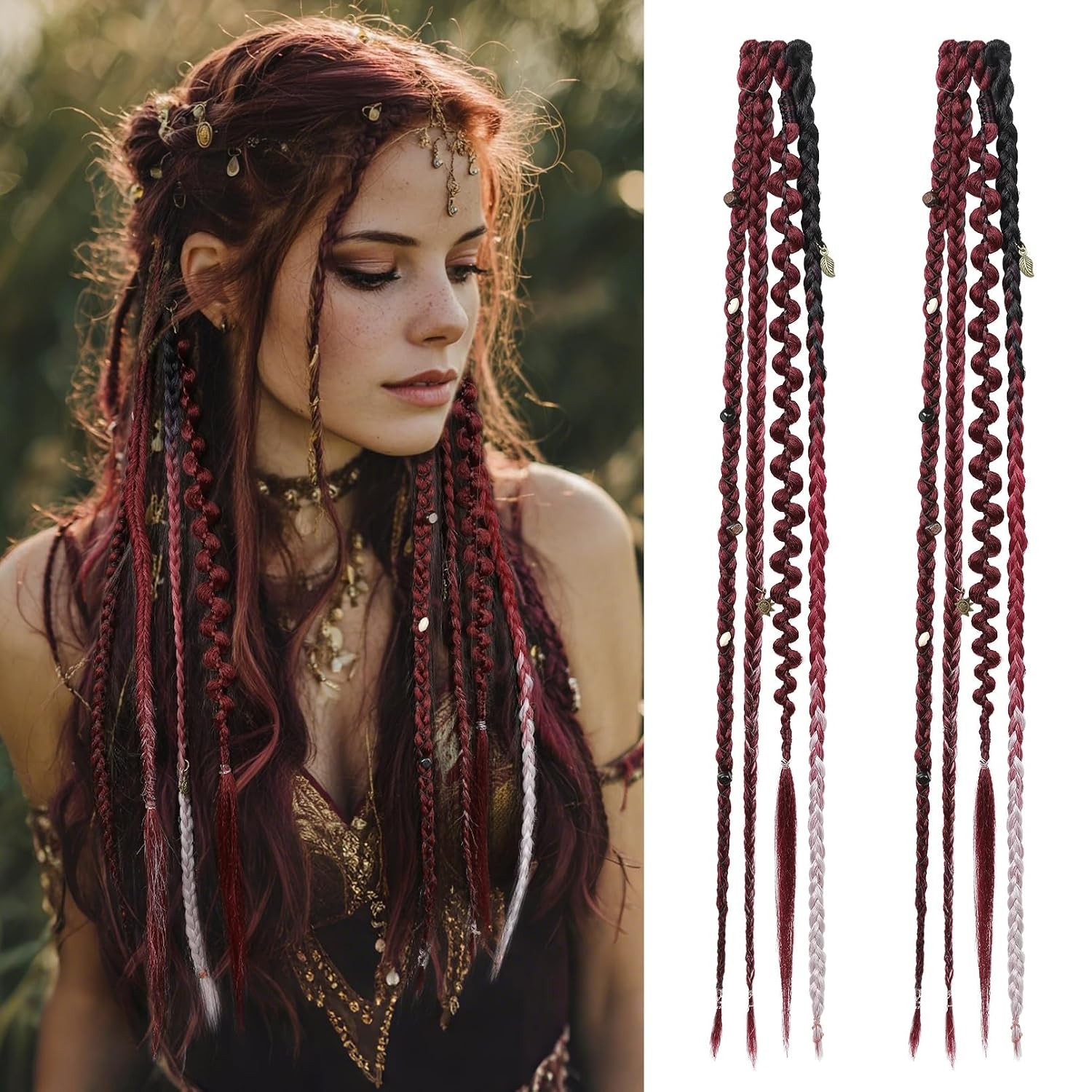 Clip in Braid Hair Extensions Women 20″ Boho Dreadlock Clip in Braids with Beads