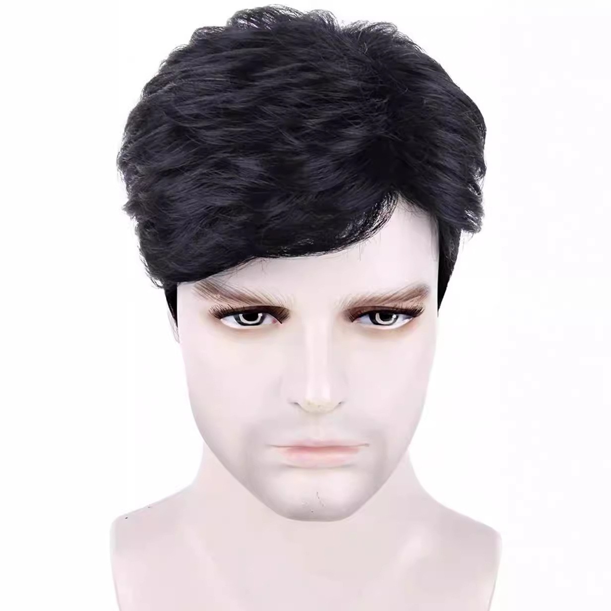 Side Parted Short Black Synthetic Men Wig Elastic Cap Full Wig for Daily Use