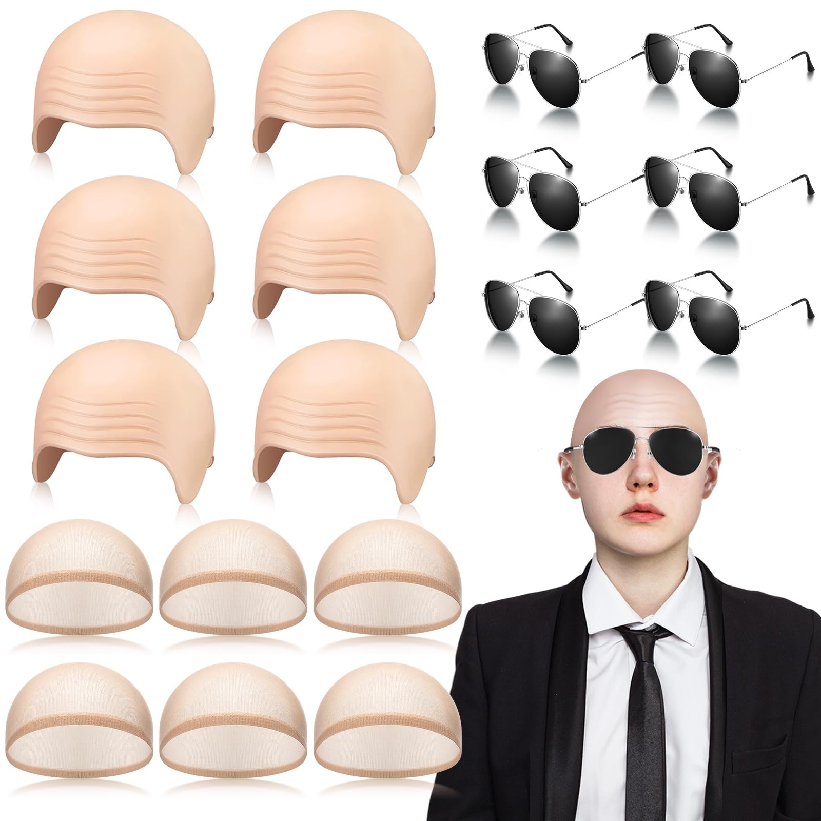 Mepase 18 Pcs Bald Caps Glasses Nylon Makeup Latex Bald Head Wig Cap For Men