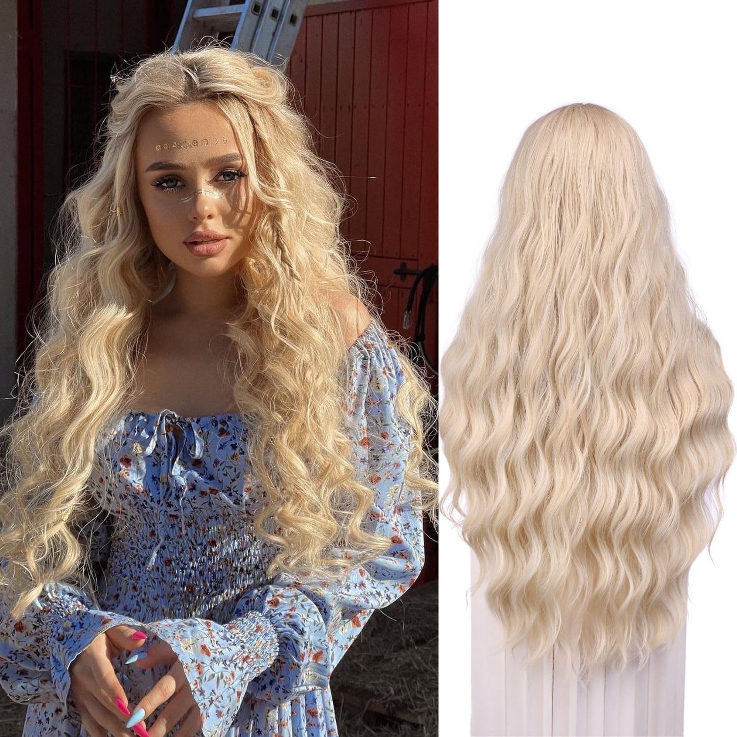 28 Inches Platinum Blonde Wigs Long Blonde Curly Wigs for White Women Long Wa…
