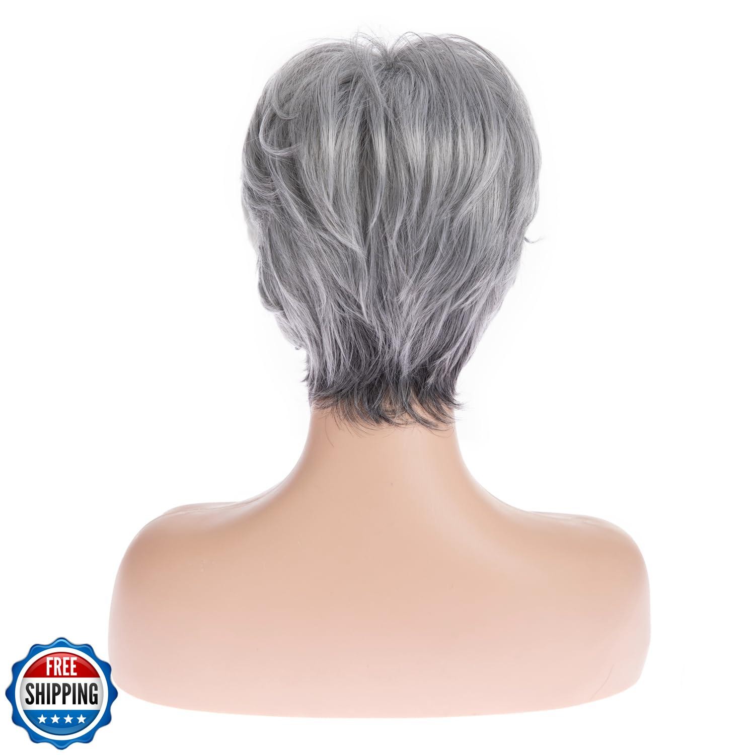 Beweig Short Gray Wigs for White Women Pixie Cut Wig with Bangs Natural Synth