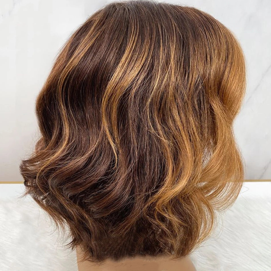 4×4 Lace Front Human Hair Wig Golden Brown Highlight Wigs Natural