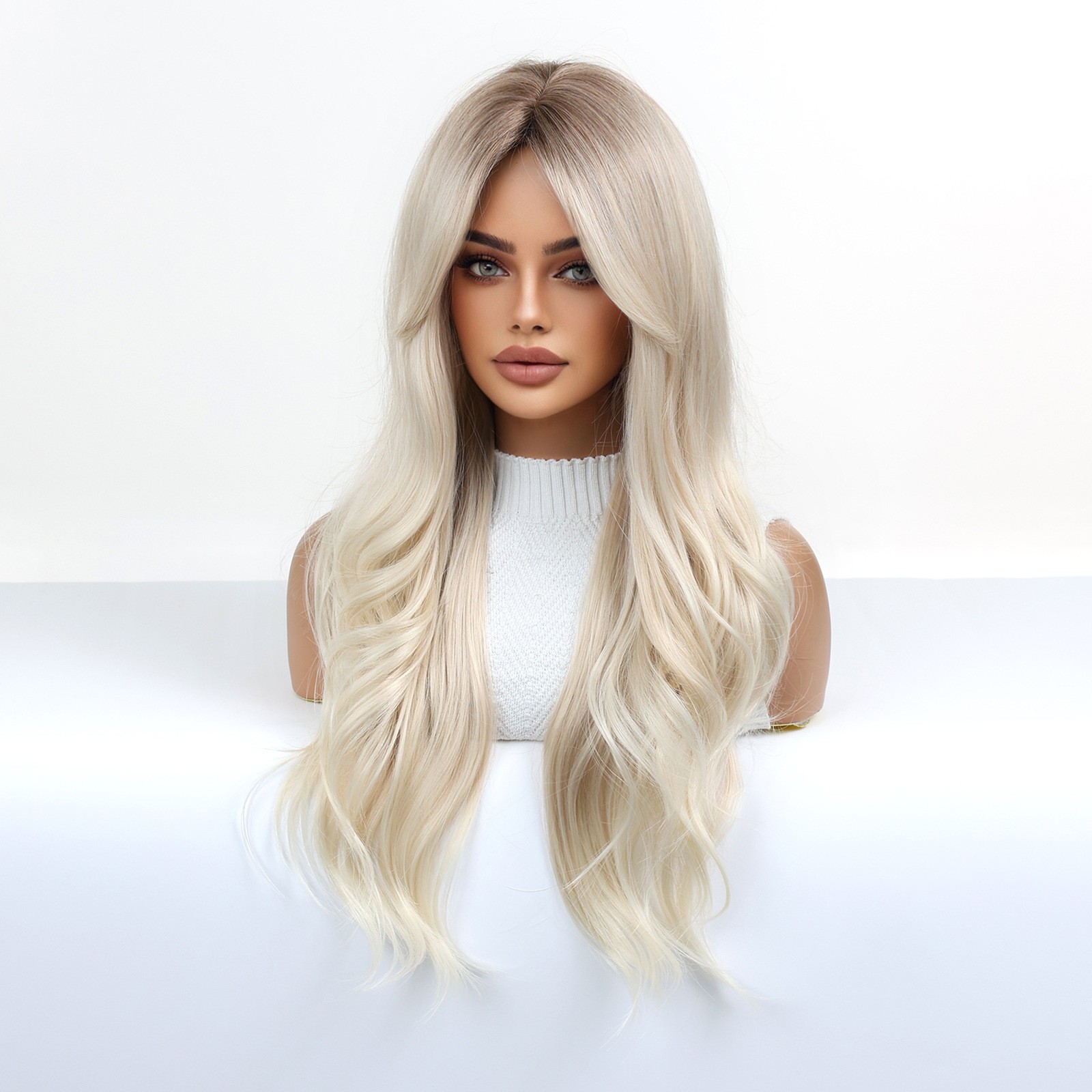 26″ Brown to Gold Ombre Wavy Wig Heat Resistant Synthetic Cosplay Party Wedding