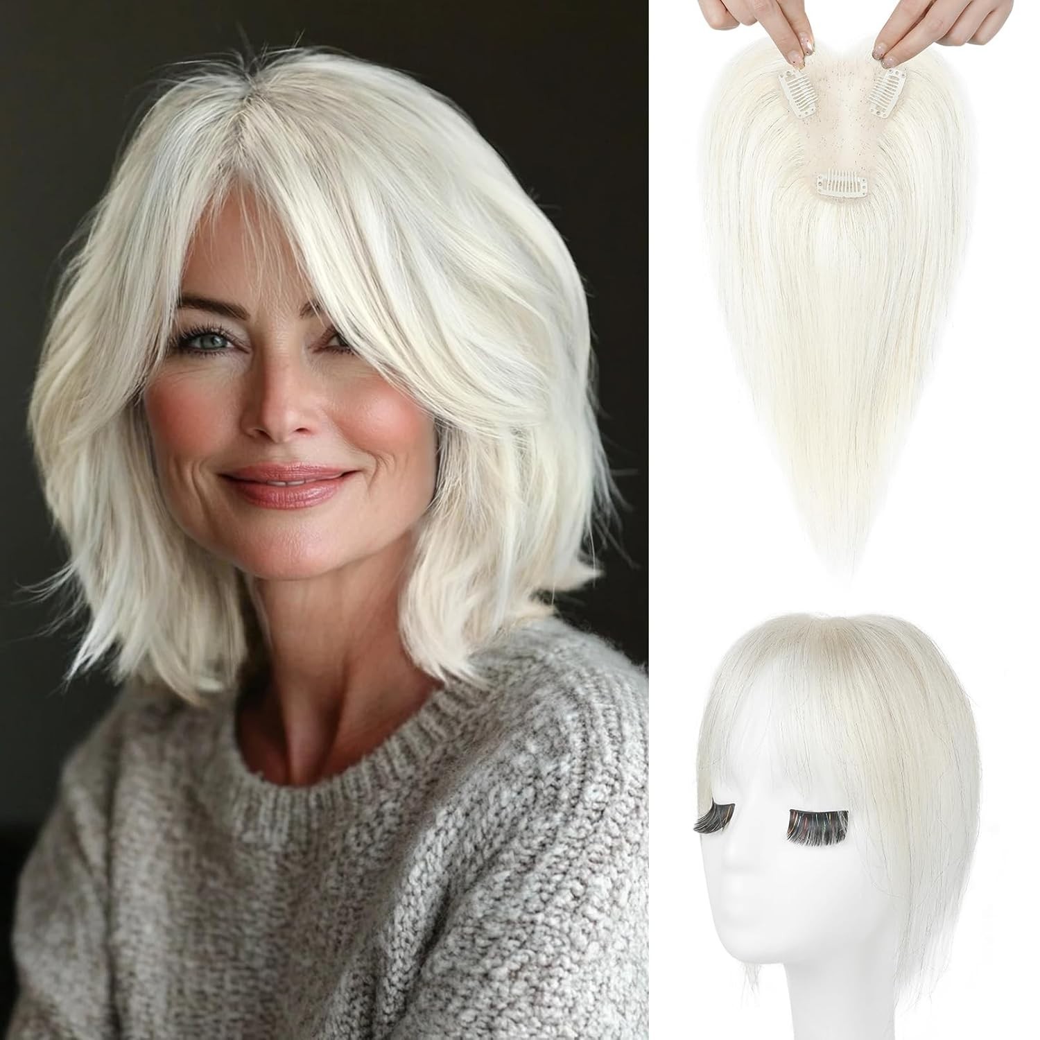 White & Blacks w/ Bangs 100% Human Hair 10in Topper