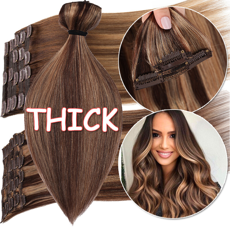 Thick Wavy Double Weft Clip In Full Head Real Remy Human Hair Extensions 8PCS