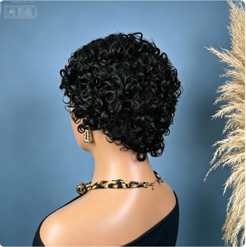 4″Women’s Short Curly Human Hair Wig Pixie Cut Natural Black Full Machine Made