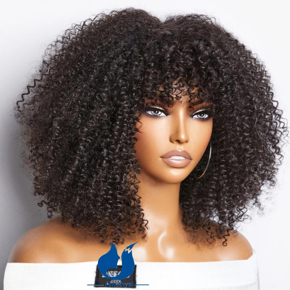 250% Afro Kinky Curly Human Hair Wig With Bangs Scalp Top Full Machine Made Wigs