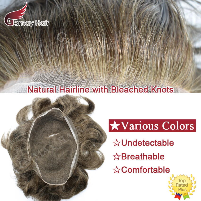 Full French Lace Mens Toupee Hairpiece Bleached Human Hair Replacement System US