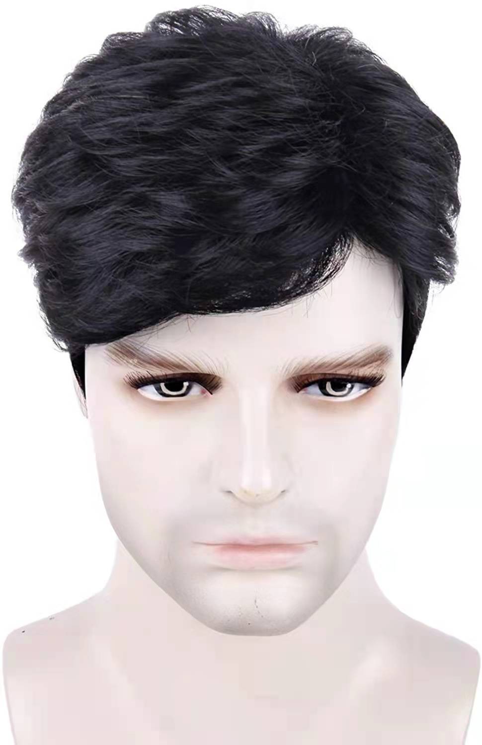 Side Parted Short Black Synthetic Men Wig Elastic Cap Full Wig for Daily Use