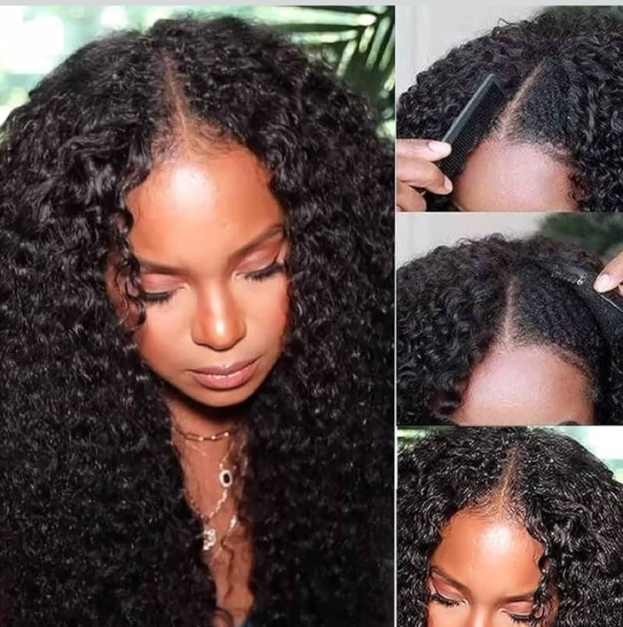 UNICE V Part Curly Human Hair Wig 18” Natural Black 180% Density Glueless U Part