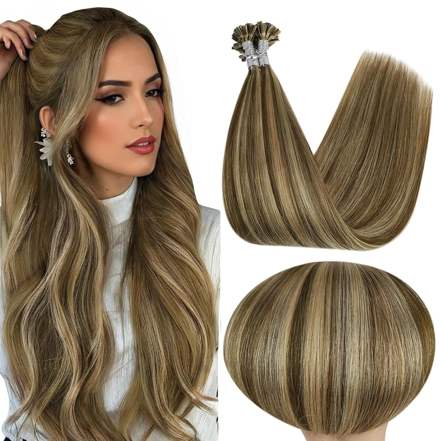 Full Shine 14″ Utip Keratin Human Hair Extensions Brown & Honey Blonde Color 40g