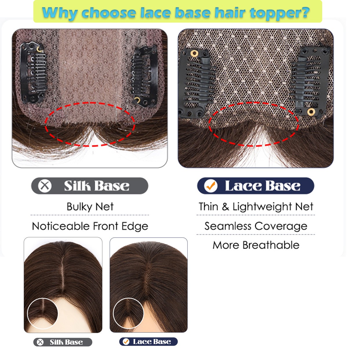 Top Lace Women Topper Clip In Remy Human Hair Toupee Hairpiece Bangs Lightweight