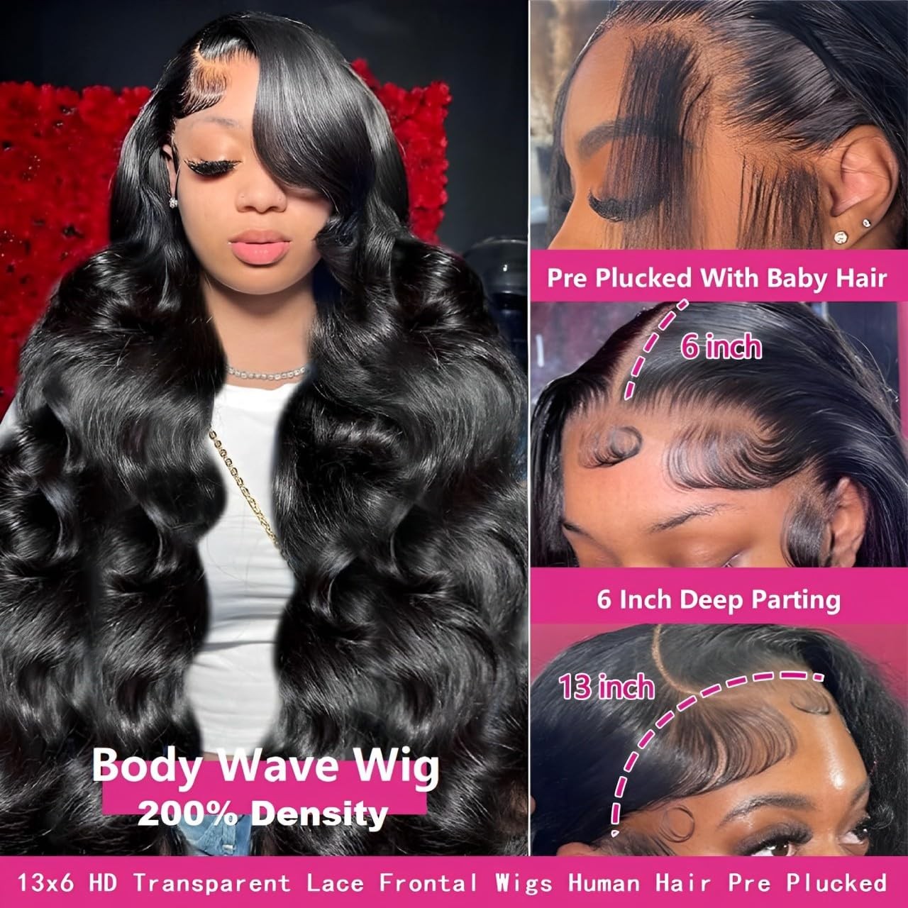 30 Inch 13×6 Lace Front Wigs Human Hair 200 Density Body Wave HD Lace Front W…