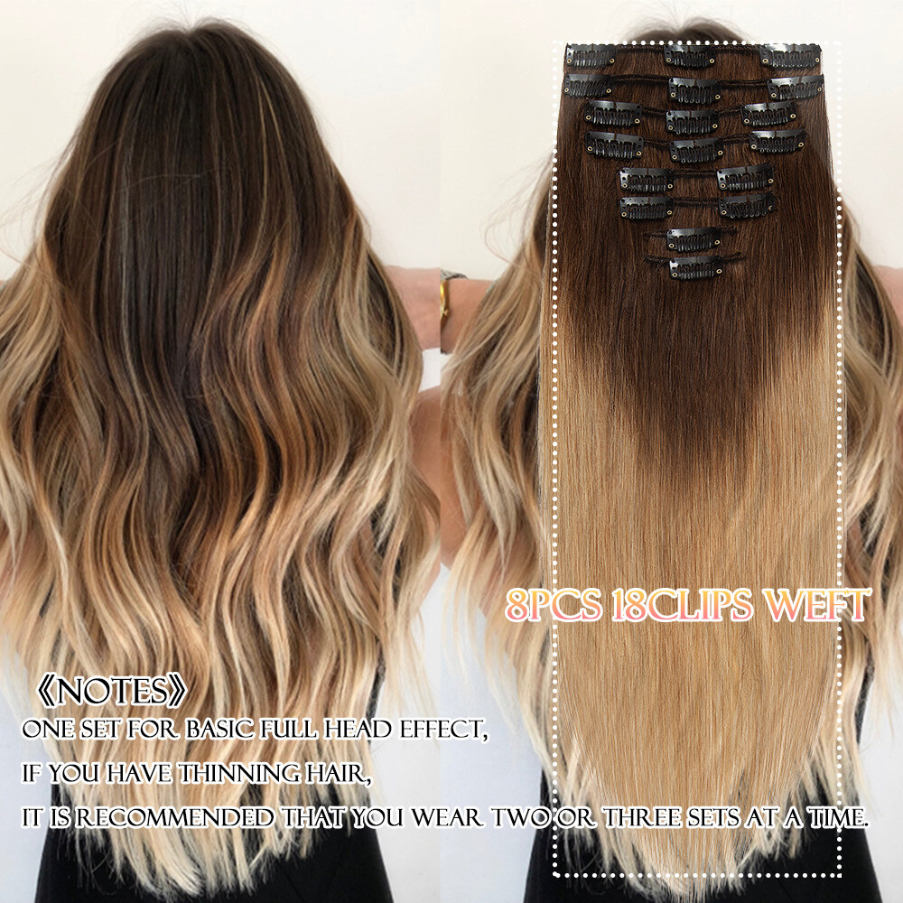 100% Human Hair Clip In Remy Hair Extensions Real Soft FULL HEAD Invisible Grey#