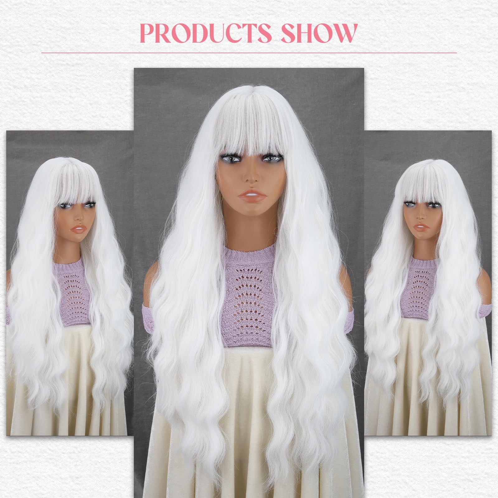 Long White Wavy Wig with Bangs 26 Inches Natural Looking Synthetic Heat Resis…