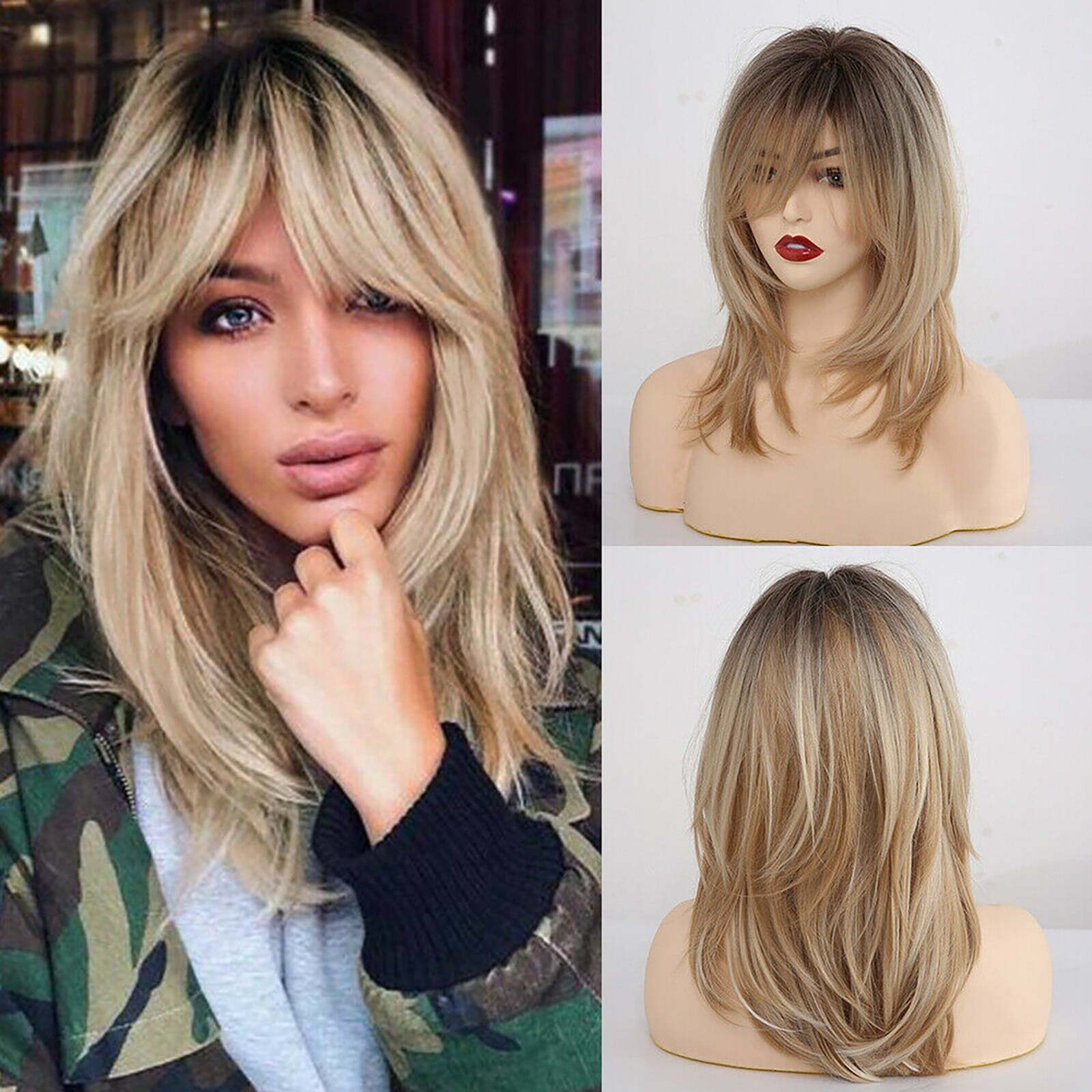 WomenFashion Mixed Brown Fiber Wigs Layered Slightly Curled Synthetic Wigs