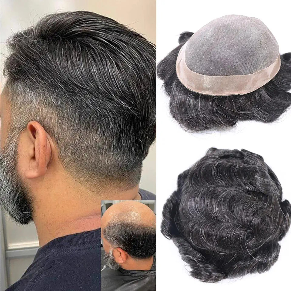Men’s Wigs Human Hair Super Durable Mono 30MM Curly Toupee Men