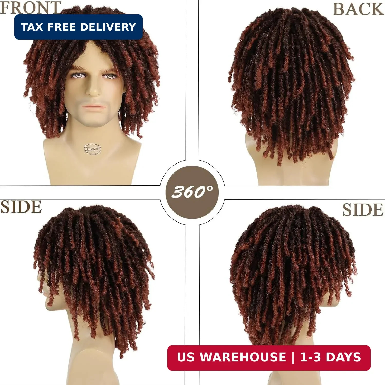 GNIMEGIL Short Fake Dreads Wigs for Men Dreadlock Wig Ombre Auburn Crochet Twist