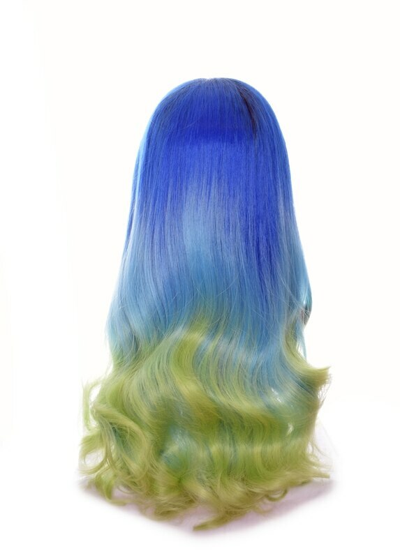 Long Wavy Aqua Marine Blue Green Ombre Lace Front Mermaid Wig. Centre Part.