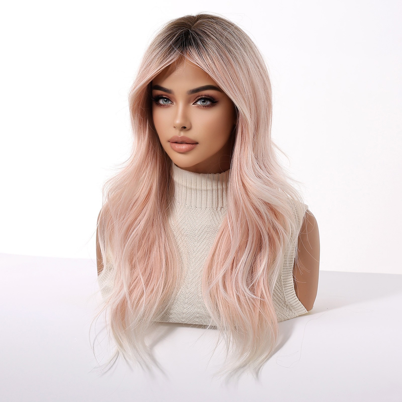 Cosplay Party Wig Ombre Light Pink Wigs With Bangs for Women Girls Syntheic Hair