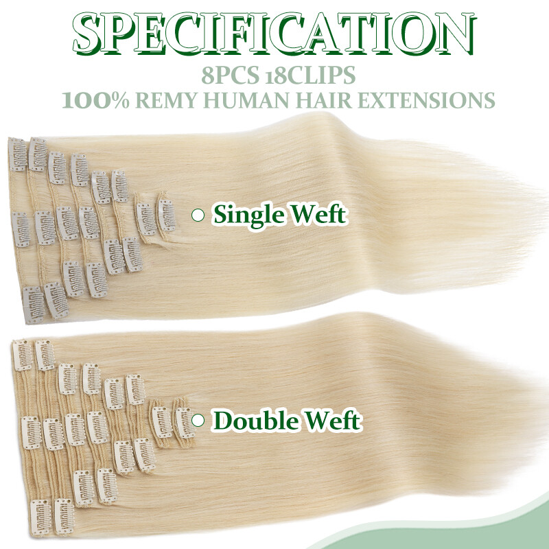 Clip In Extensions 8Pieces BLONDE Remy Human Hair Double/Single Weft Full Head