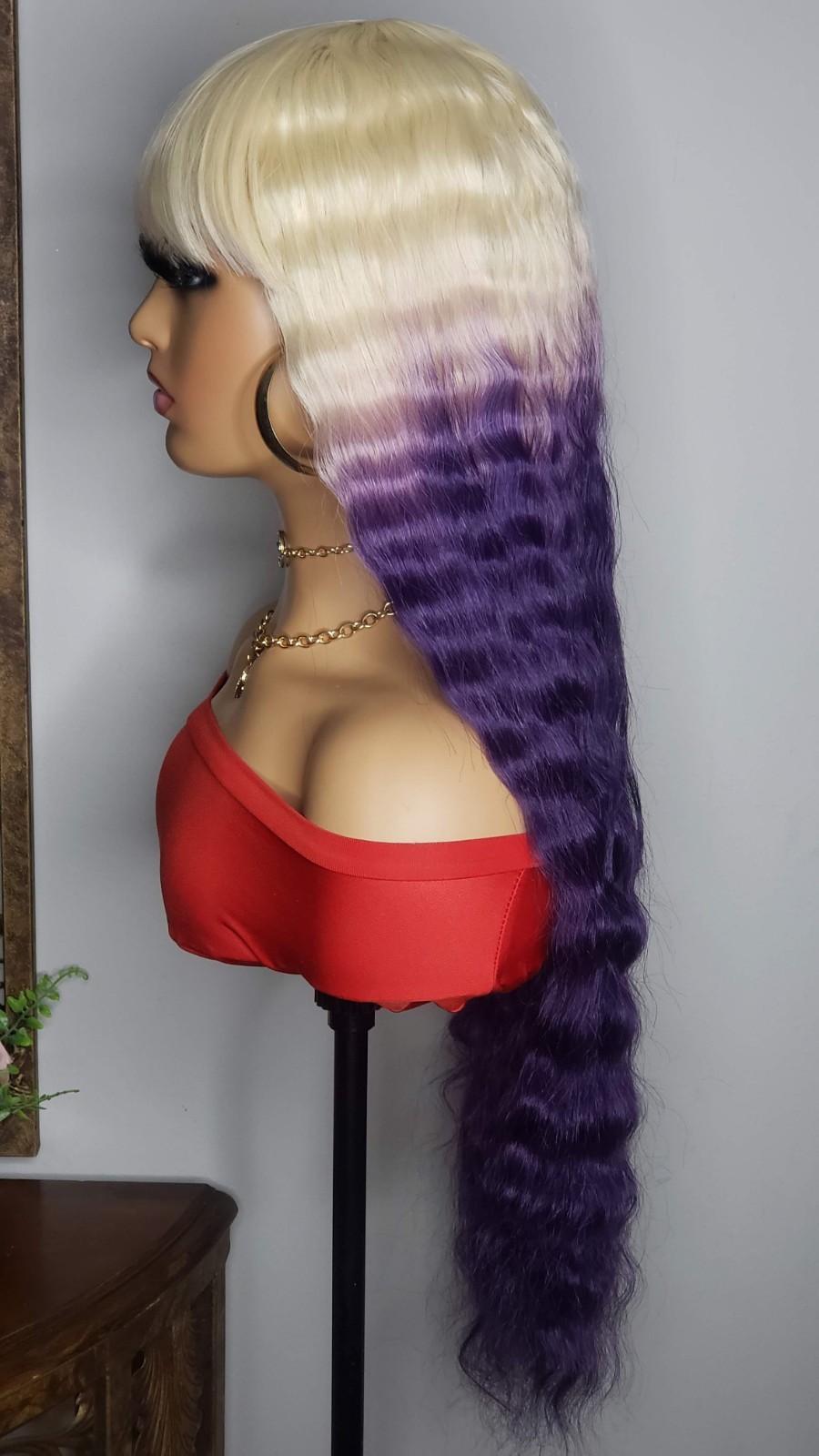 New Long Wavy Crimp Bangs Style Full Cap Wig 613 Blonde Purple Hair Womens Wigs