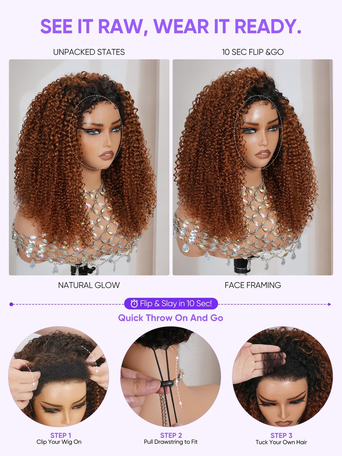 Wigchic T1B/30 Ombre Brown Kinky Curly Half Wig 10 Human Hair Over Glueless 4C