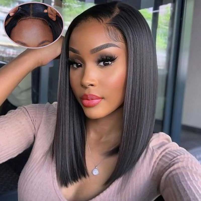 Wear and Go Glueless Wig Straight Bob Wig Human Hair Pre Cut 4X4 Lace Front Wig