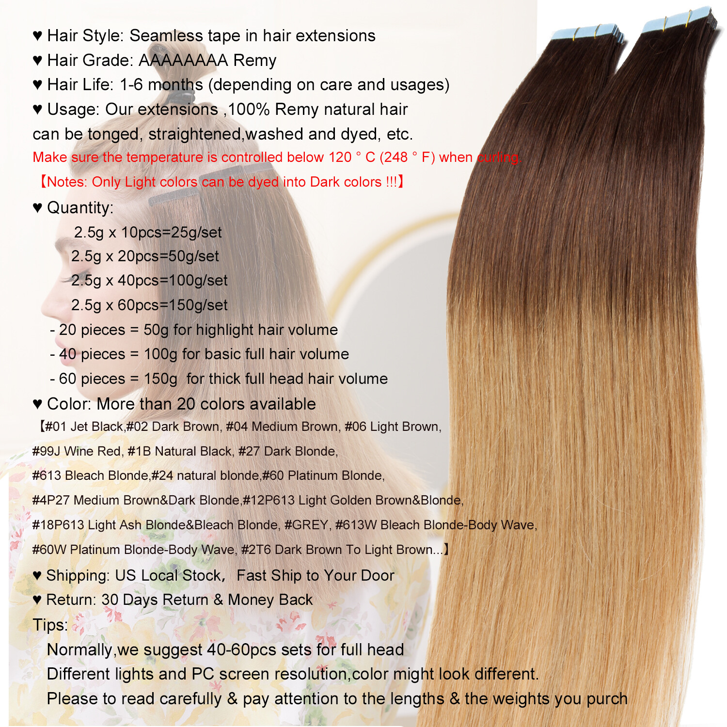 20pcs Tape In Hair Extensions Seamless Skin Weft 100% Remy Real Human Hair Wavy