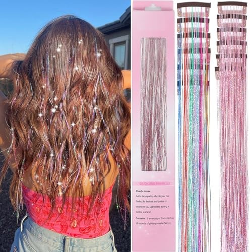 Hair Tinsel 12 Pcs Clip in Hair Tinsel Kit for Girls 22 Pink/Rainbow-12 Pcs