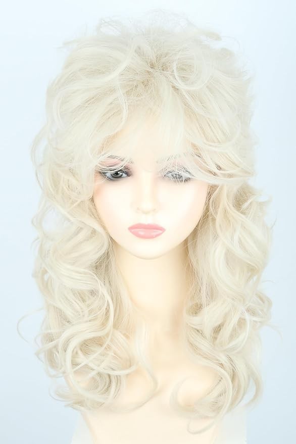 Beige Long Curly 80s Rocker Wig Women Halloween Party Costume Accessory
