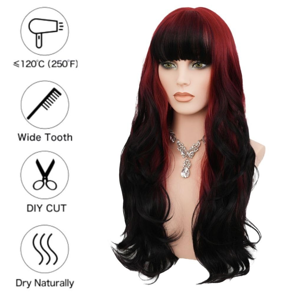 Red Black Long Wig with Bangs Womens Curly Wavy Ombre Red Hair Wig Heat Resis…