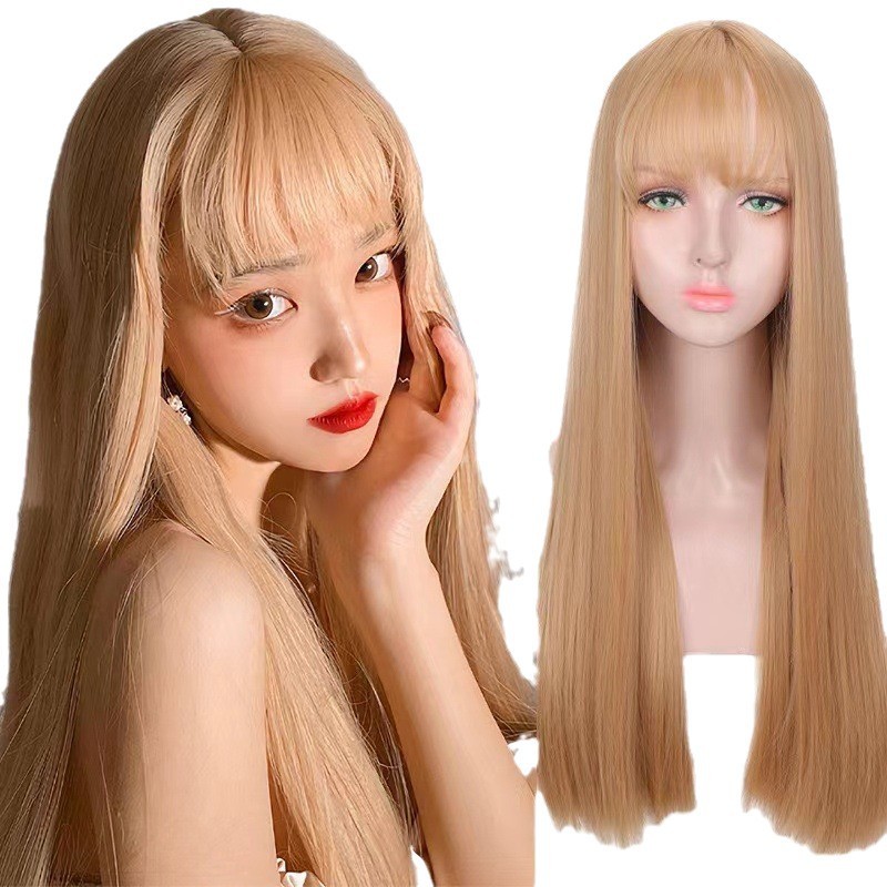 Japanese Korean Style Golden Long Straight Wig with Bangs Heat Resistant Fiber