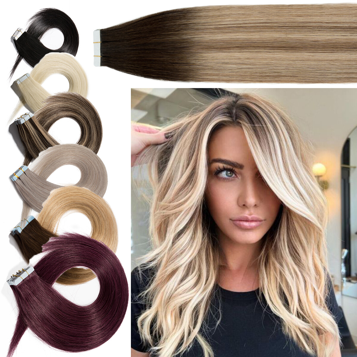 OMBRE Tape In Real 100% Remy Human Hair Extensions Skin Weft FULL HEAD Invisible