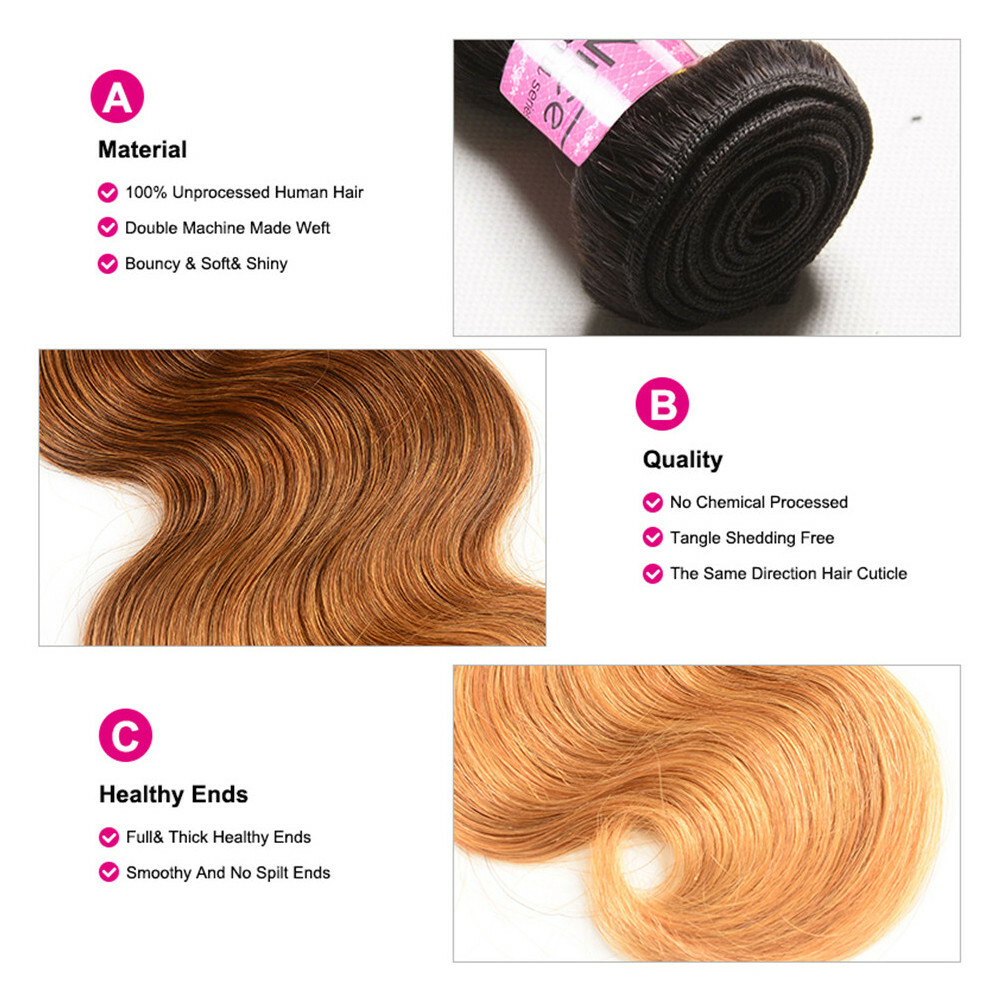 UNice Cambodian Ombre Brown Body Wave 3 Bundles Human Hair Weave Hair Extensions