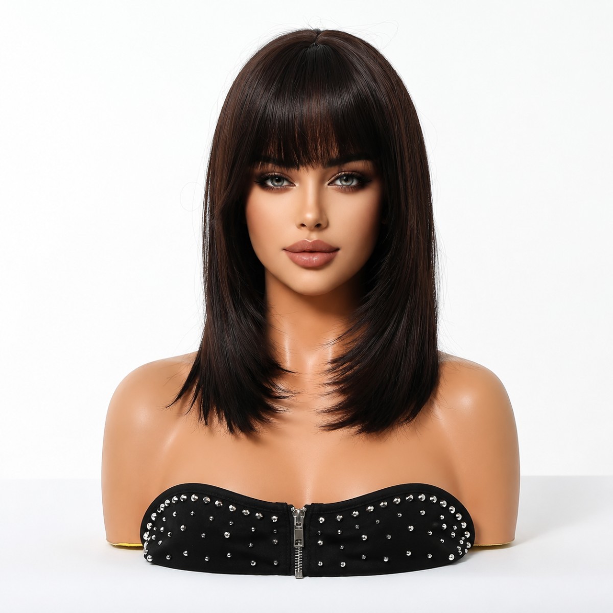 Halloween Heat Resistant Hair Cosplay Wig With Fringe Dark brown Straight