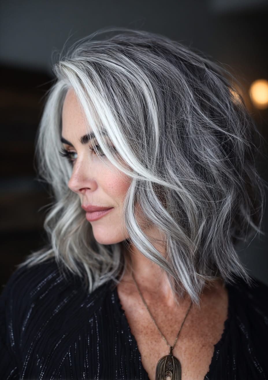 Salt and Pepper Wave Wig with Gray Highlight Human Hair Lace Front Wigs