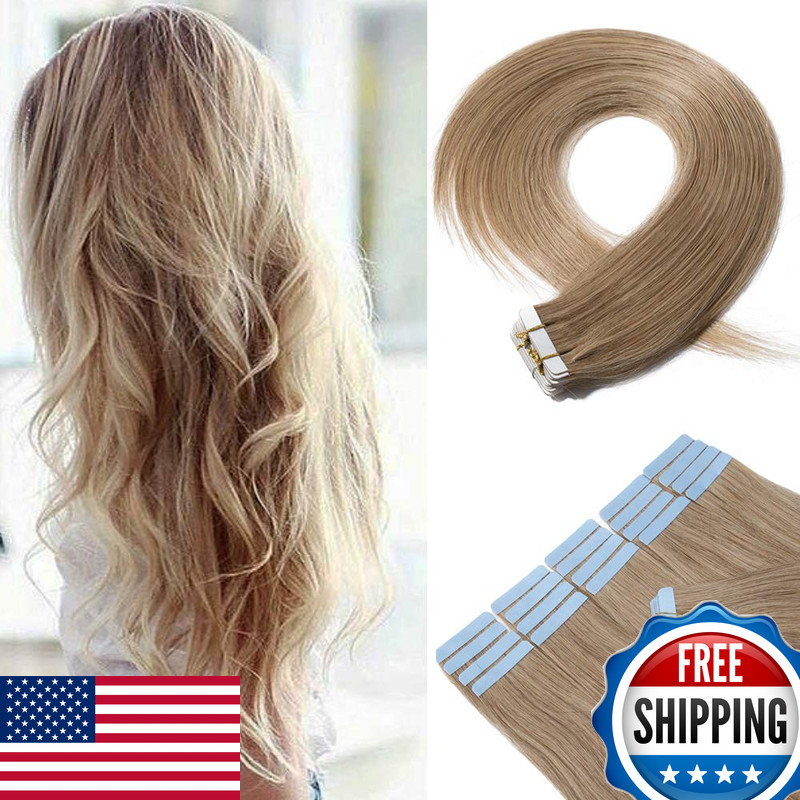 Hairro Tape In Human Hair Extensions 16 Inch Long Straight 27 Dark Blonde 100G