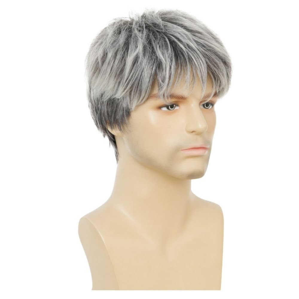 Men Grey Wig Gray Layered Short Beanie Hairpiece Universal Anime Cosplay Wigs AU