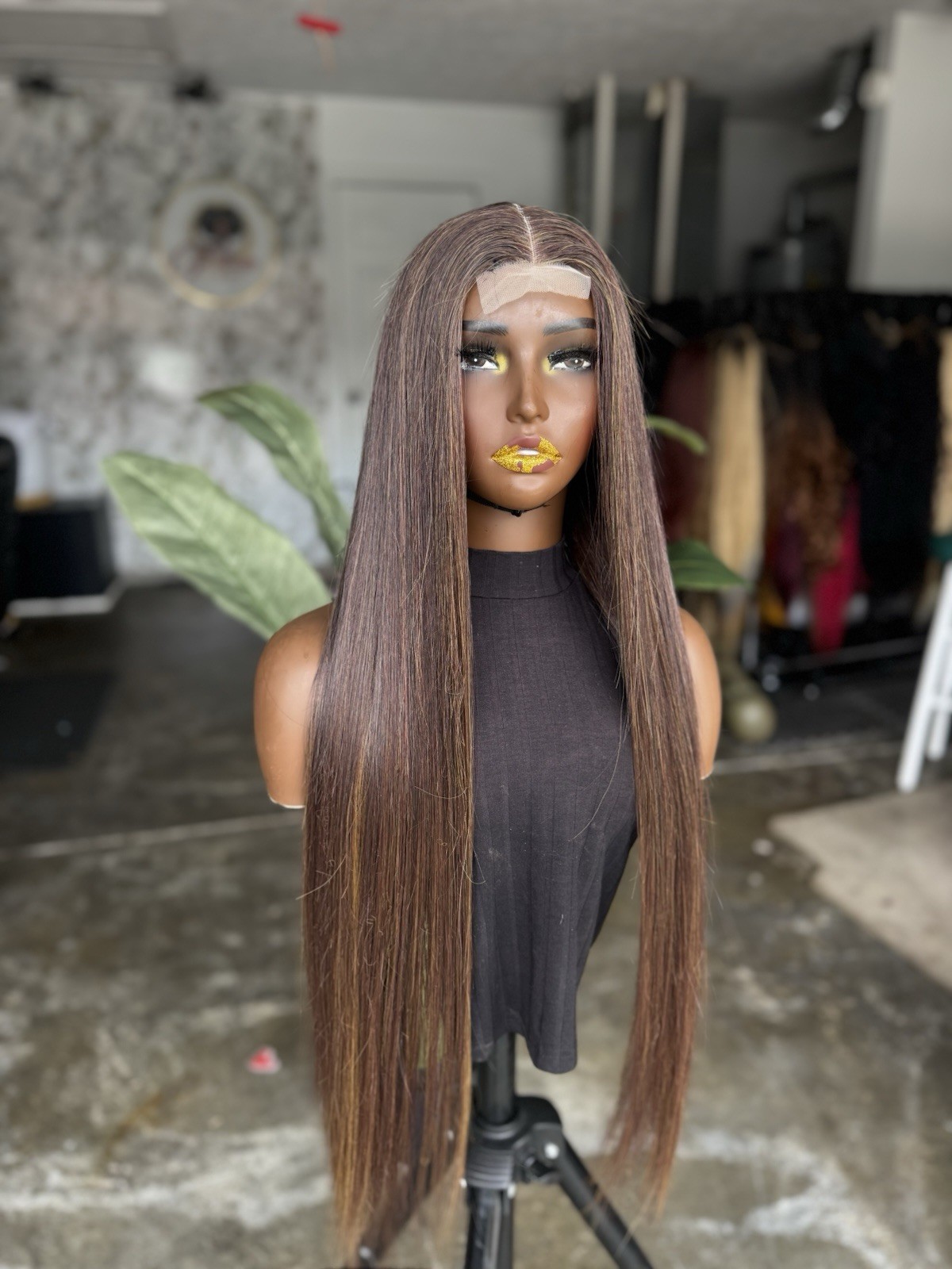 Closure Straight Medium Brown Light Brown Wig Middle-Part for Women Hair blend
