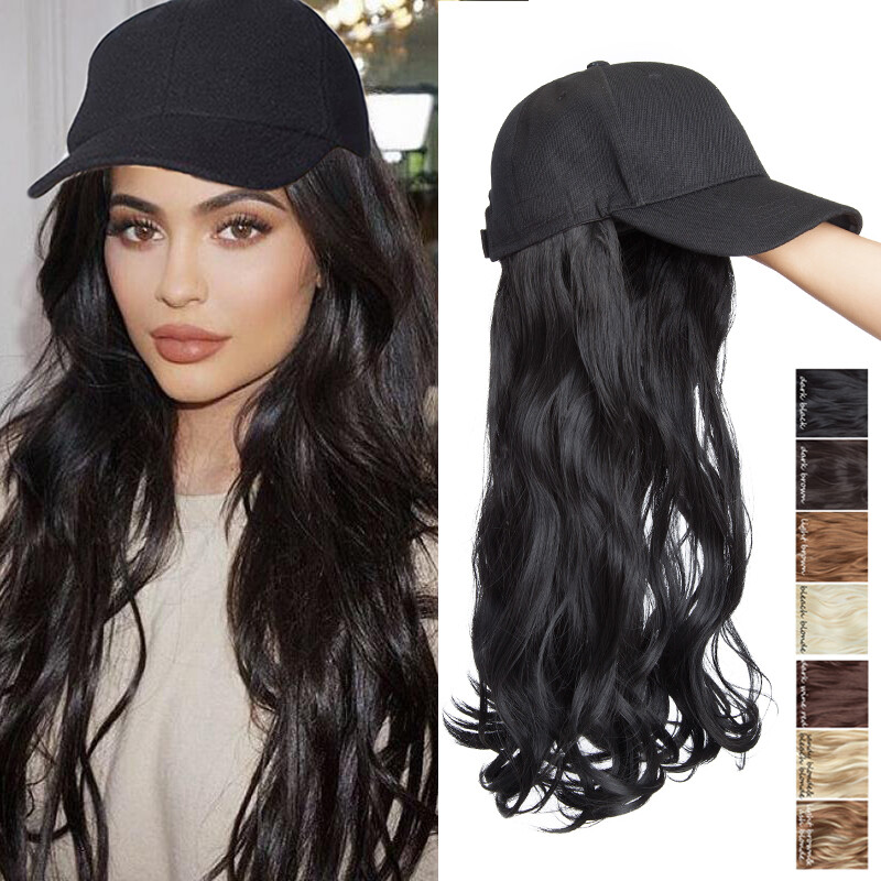16″Thick Full Head Women’s Baseball Cap Hat Hair Hair Piece Long Curly Wavy Wig