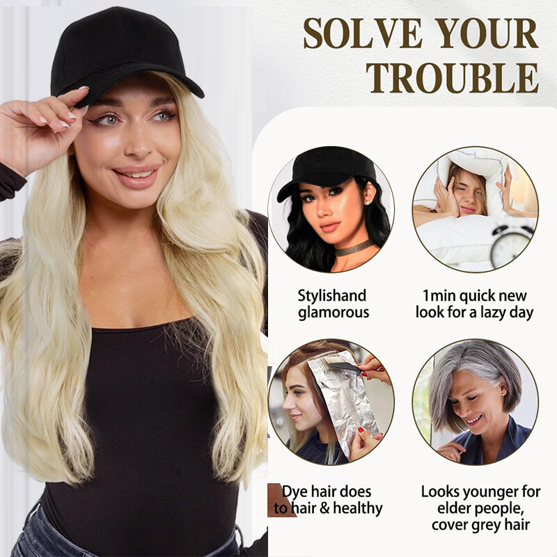 Baseball Hat Cap with Hair Extensions Synthetic Long Curly Ponytail Natural Wavy