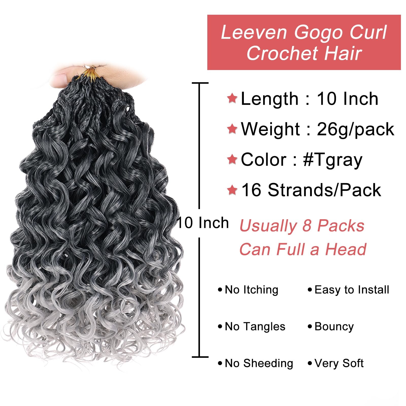 Leeven Gogo Curl Crochet Hair 10″ 8 Packs Ombre Gray Ocean Wave Braids