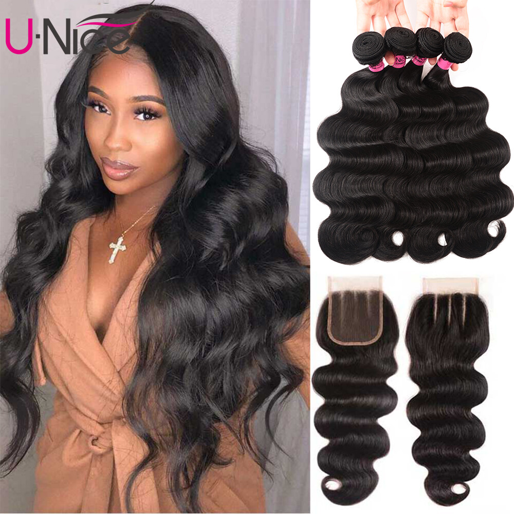UNice Cambodian Body Wave 4 Bundles Human Hair Extension with Lace Closure Weave